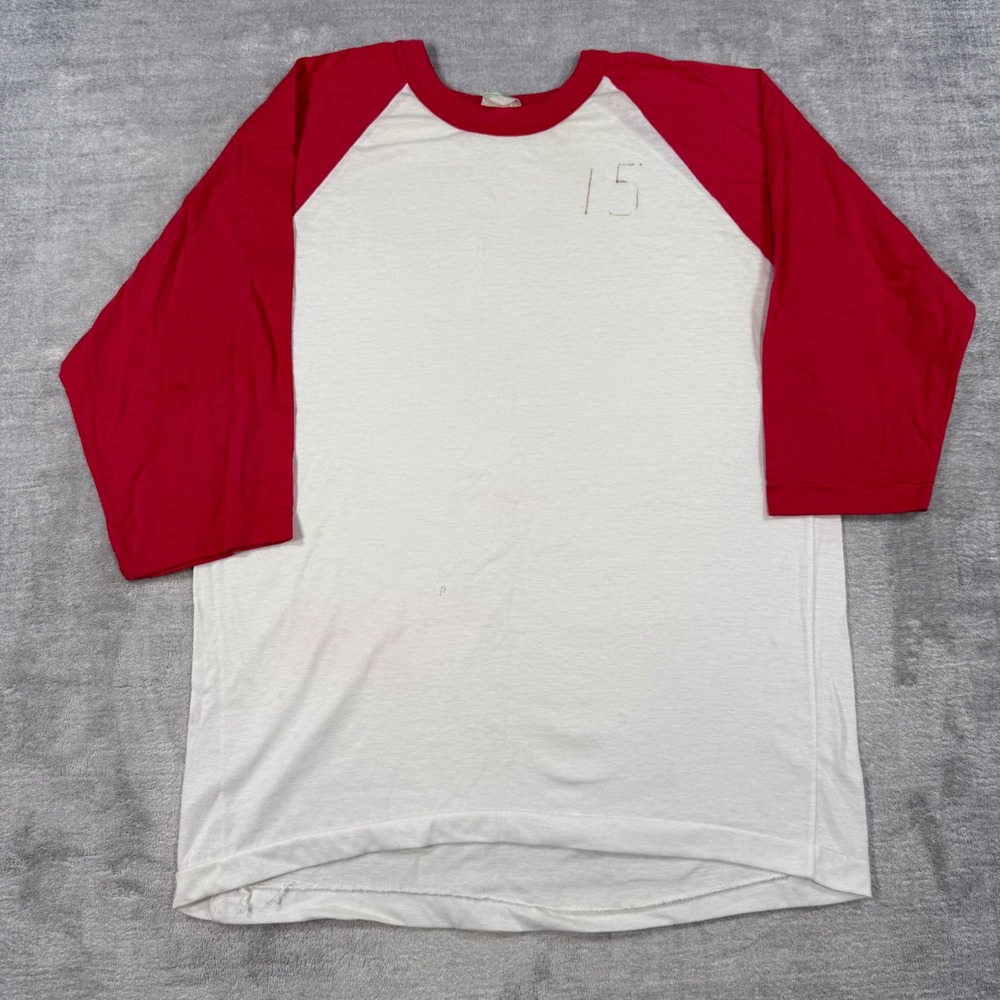 Vintage 1980s Raglan Shirt Mens Medium White Red Blank Baseball Single Stitch